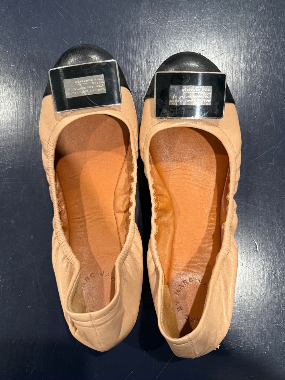 Marc Jacobs Nude and Black Cap-Toe Leather Ballet Flats with Silver Plaque